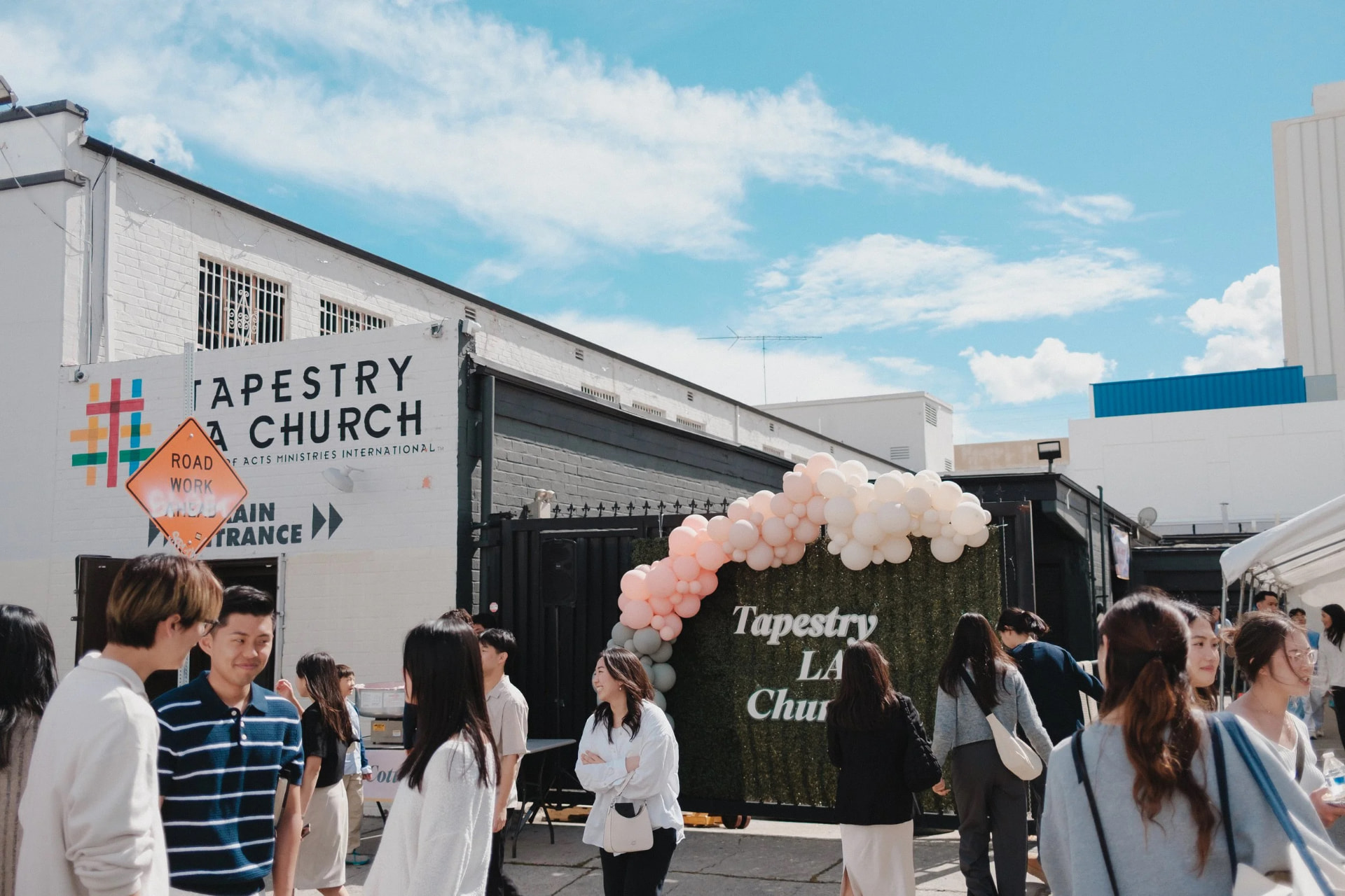 Guests gathering outside Tapestry LA Church